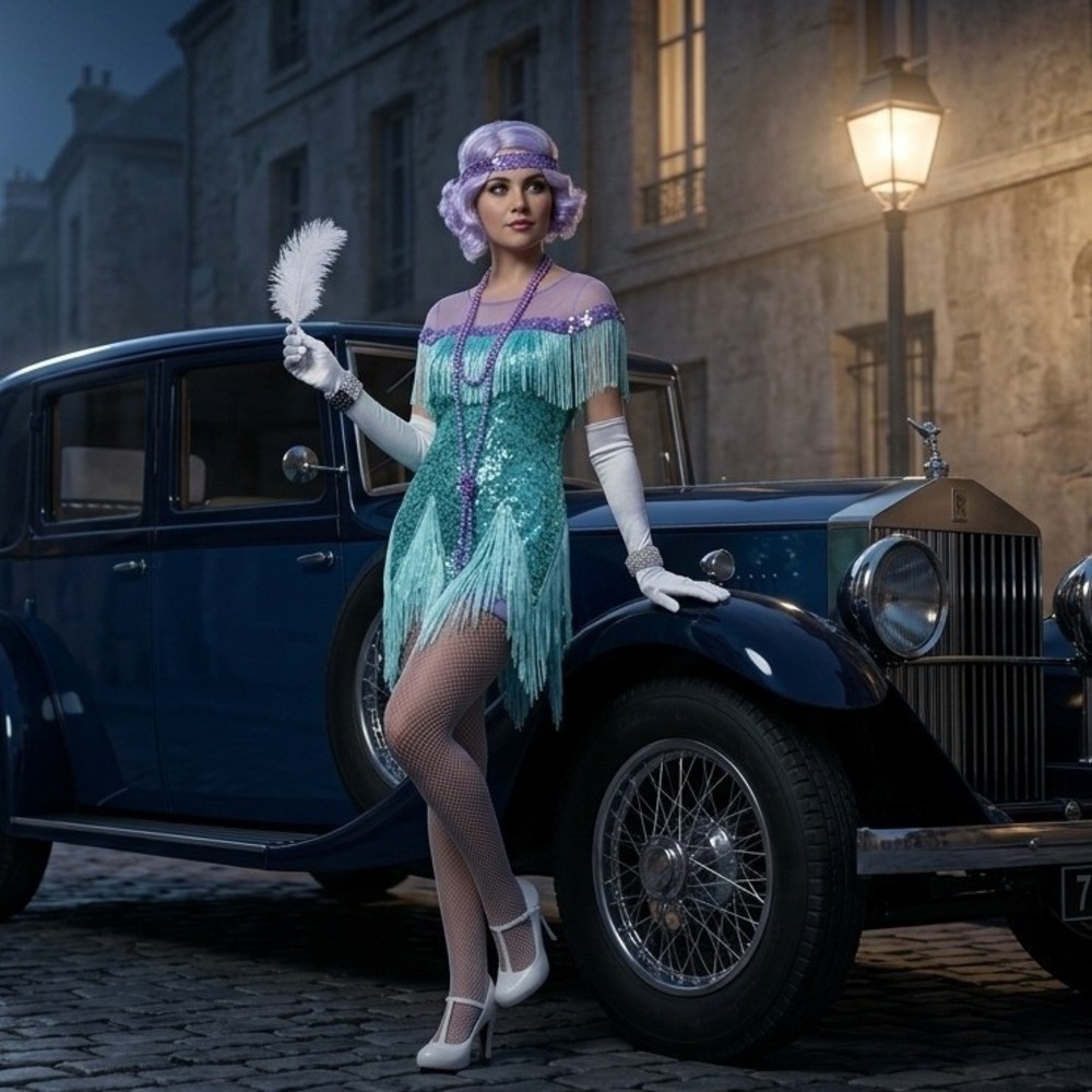 Foxtrot Flirt Flapper Women Costume Leg Avenue Teal Purple Sequin Fringe Medium
